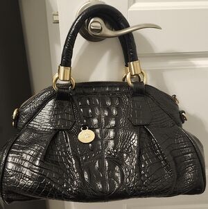 Brahmin $450 Croc Embossed Leathet Satchel Black Gold Bag Charm